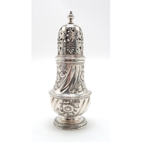 2455 - A GEORGE II SILVER CASTERby Thomas Bamford, London 1733, of baluster form, with later engraved folia... 