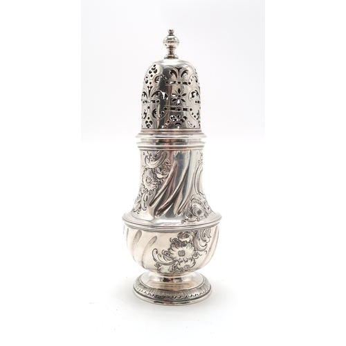 2455 - A GEORGE II SILVER CASTERby Thomas Bamford, London 1733, of baluster form, with later engraved folia... 