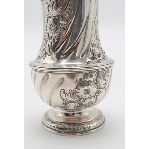 2455 - A GEORGE II SILVER CASTERby Thomas Bamford, London 1733, of baluster form, with later engraved folia... 