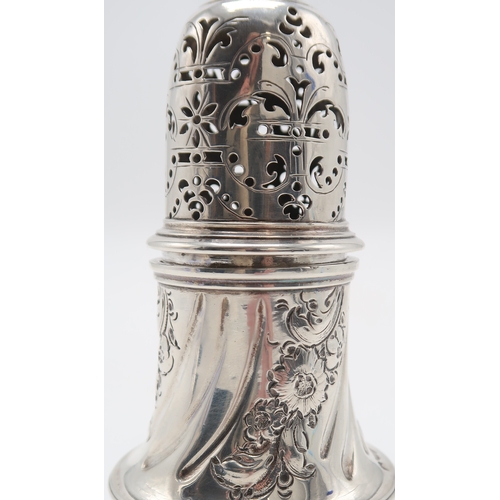 2455 - A GEORGE II SILVER CASTERby Thomas Bamford, London 1733, of baluster form, with later engraved folia... 