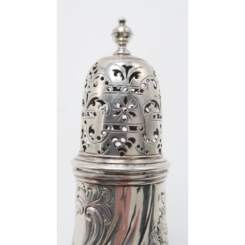 2455 - A GEORGE II SILVER CASTERby Thomas Bamford, London 1733, of baluster form, with later engraved folia... 