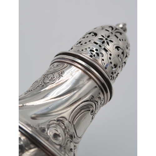 2455 - A GEORGE II SILVER CASTERby Thomas Bamford, London 1733, of baluster form, with later engraved folia... 