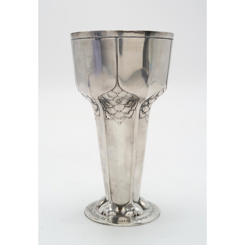 2456 - ORIVIT;A German silver Jugendstil vase, of flaring conical form, with stylised fruit decoration with... 