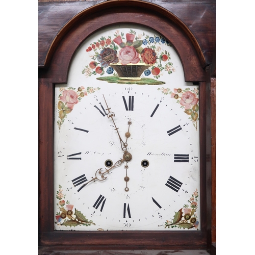 3 - A 19TH CENTURY MAHOGANY CASED WM COOPER, OF HAMILTON LONGCASE CLOCK with floral painted face, 51cm h... 