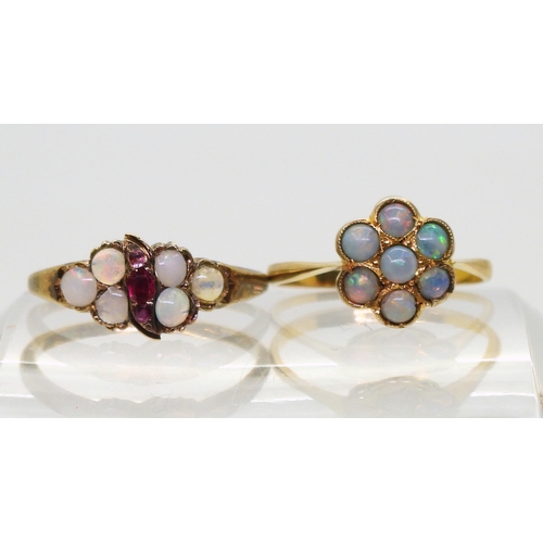 804 - A 9ct gold Opal flower cluster ring, size M1/2, together with a yellow metal Opal and Ruby ring, siz... 