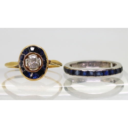 807 - A sapphire and diamond ring (af) set with a central old cut diamond of estimated approx 0.15cts, siz... 