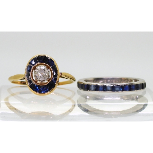 807 - A sapphire and diamond ring (af) set with a central old cut diamond of estimated approx 0.15cts, siz... 