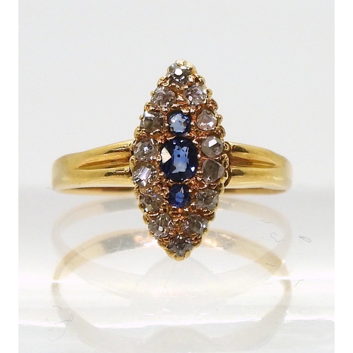 808 - A bright yellow metal sapphire and diamond marquis cluster ring, set with both rose and old cut diam... 