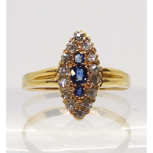 808 - A bright yellow metal sapphire and diamond marquis cluster ring, set with both rose and old cut diam... 