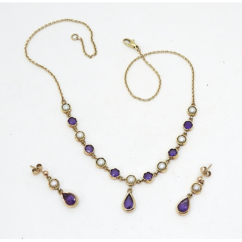 809 - A 9ct gold amethyst and pearl necklace and earring set. Length of the necklace 44cm, length of earri... 