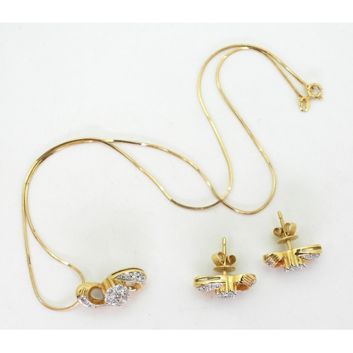 813 - An 18ct gold diamond flower pendant with matching earrings, the pendant is set with estimated approx... 