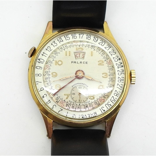 819 - A gold plated Palace Calendar watch, diameter of the case 3.3cm, weight with strap 35.8gms