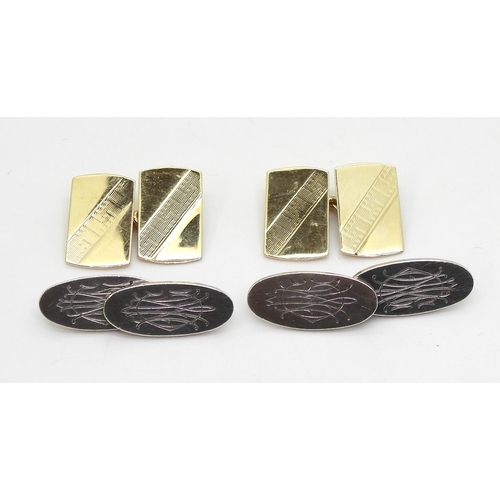 821 - A pair of 9ct gold cufflinks with engine turned engraving, weight , together with a pair of vintage ... 