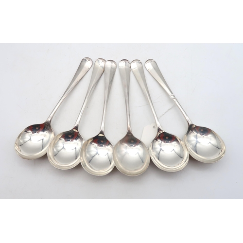 366 - A set of six silver Hanoverian pattern soup spoons, by Emile Viner, Sheffield, with rat tail bowls, ... 