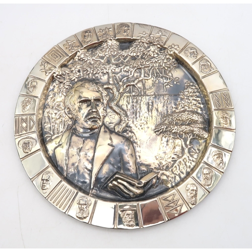 375 - A South African 'David Livingstone' commemorative silver salver, marked 'Silver' '31', of circular f... 