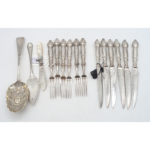 396 - A collection of Art Nouveau silver-handled fruit knives and forks, by W R Humphreys & Co, S... 