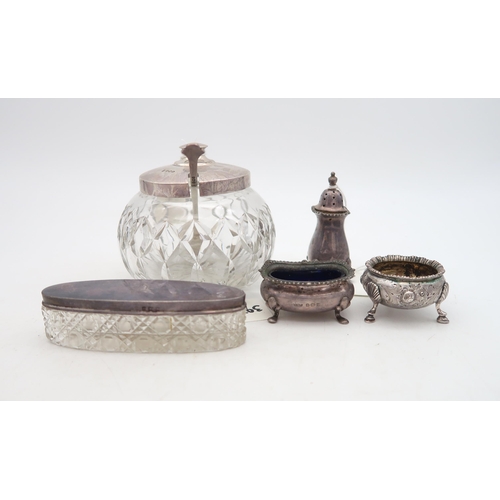 397 - A collection of silver including a silver-topped cut glass sugar preserve pot & spoon, by Cooper... 