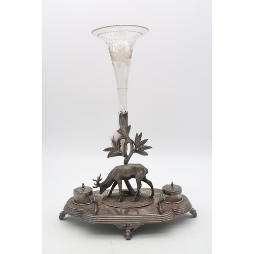 406 - A Victorian EPNS ink stand epergne, by James Deakin & Sons, of shaped form, modelled as a grazin... 