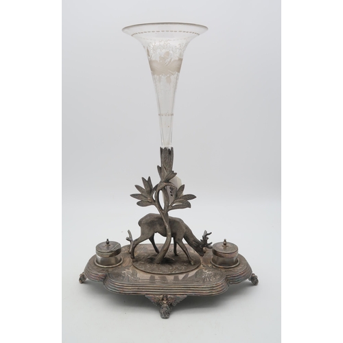 406 - A Victorian EPNS ink stand epergne, by James Deakin & Sons, of shaped form, modelled as a grazin... 