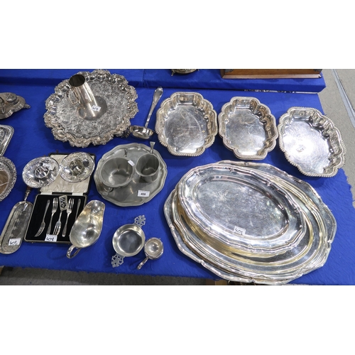 408 - A collection of silver and EPNS including a set of silver cake forks, Birmingham 1941, a mother of p... 