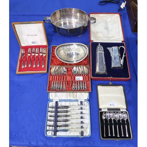 412 - A collection of silver and EPNS including a cased Scottish silver milk jug and caster set, by Milne ... 