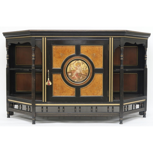 63 - A VICTORIAN AESTHETIC MOVEMENT EBONISED AND GILT CABINET shaped top with moulded cornice over single... 