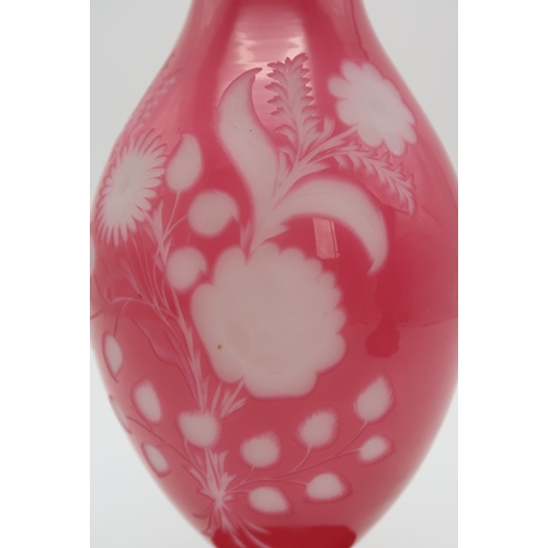 346 - A Victorian white and pink cameo glass vase with cut decoration of a bouquet of flowers, 30.5cm high... 