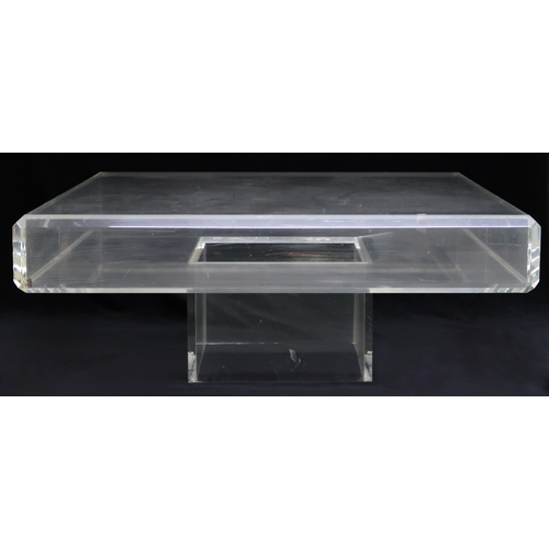 88 - A 20TH CENTURY LUCITE CHARLES HOLLIS JONES STYLE COFFEE TABLE with square chamfered edged top on squ... 