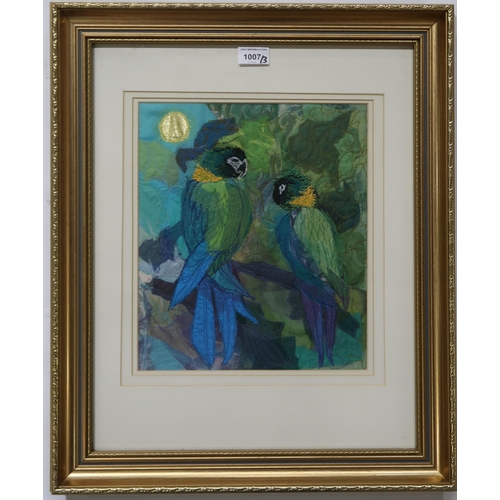 1007 - MARGARET ROBERTS (CONTEMPORARY SCHOOL) MACAWS Embroidery, 34 x 28cm Titled and signed... 