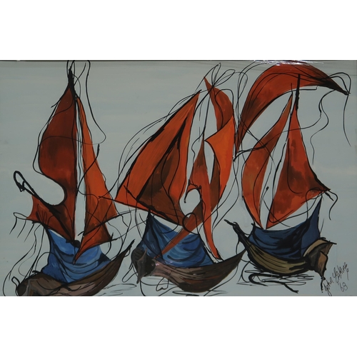 1009 - DOUGLAS ERSKINE (SCOTTISH CONTEMPORARY) RED BOATS Mixed media, signed lower right, dated (19)68, 48 ... 