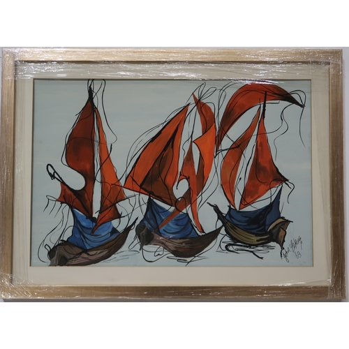 1009 - DOUGLAS ERSKINE (SCOTTISH CONTEMPORARY) RED BOATS Mixed media, signed lower right, dated (19)68, 48 ... 