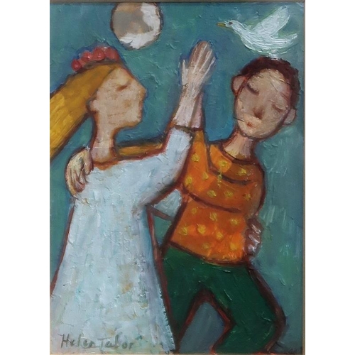 996 - HELEN TABOR (ENGLISH b.1960) COUPLE AT MOONLIGHT Oil on board, signed lower left, 15 x 11c... 