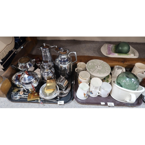 201 - Chromed Thermos jugs, a tea set, commemorative ceramics, glass floats and assorted other ceramics an... 