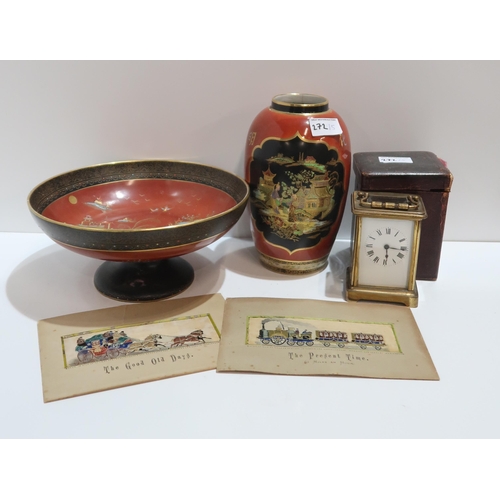 272 - A Carlton Ware vase and dish, a brass cased carriage clock and two Victorian Stevenographs including... 