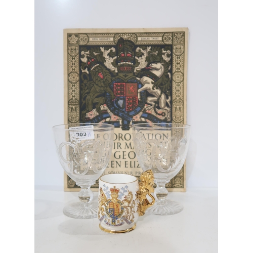 303 - Two Harbridge George VI coronation glasses and souvenir programme together with a , an Elizabeth II ... 