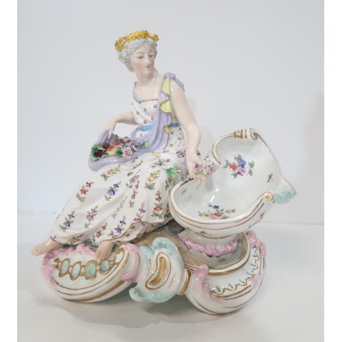 306 - A continental figural table salt, modelled as a seated lady, together with a Dresden lady