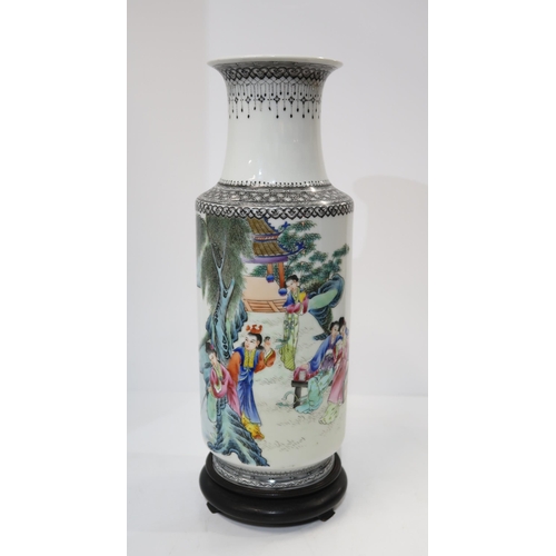 320 - A Chinese  rouleau vase, decorated with ladies and court figures within a pavilion, one fishing, wit... 