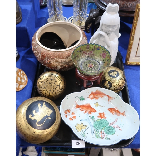 324 - A collection of Indonesian China straits gilded lacquer food bowls, a Chinese plique-a-jour enamel b... 