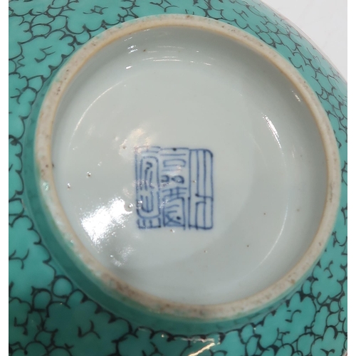 325 - A Chinese turquoise-ground bowl, decorated with roundels of featuring ducks, Jiaqing mark, together ... 