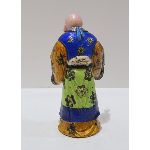 325A - A Chinese export silver and enamel figure of Shoulao, dressed in colourful enamels, with a removable... 