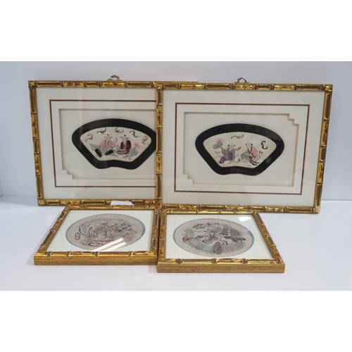 325D - A pair of Chinese framed silk pillow ends, depicting the Harmony gods he-he, and another pair, gilt-... 