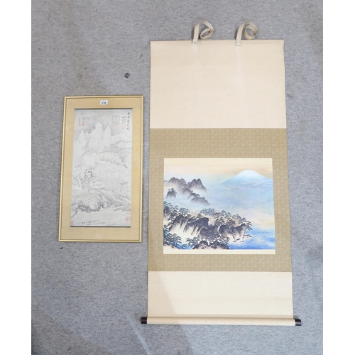 325E - A cased Japanese printed scroll, depicting Mount Fuji, approx 130 x 65cm, together with one other, f... 