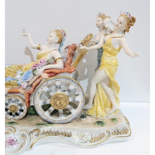 328 - A Dresden porcelain group of a woman reclining in a wheeled chair with cherubs and attendants