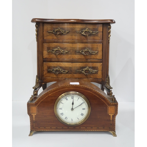 345 - An apprentice piece chest on stand with ormolu mounts, together with a French inlaid mantle clock