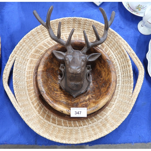 347 - A wicker dish, a wooden carved dish, a treen bowl and a bronzed stags head hook