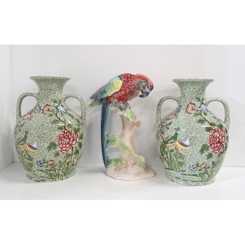 350 - A pair of Copeland Spode two handled vases and a Jema pottery Macaw