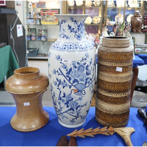 351 - A West German vase, a Chinese blue and white vase and a Bridgton Pottery stoneware snuff or tobacco ... 