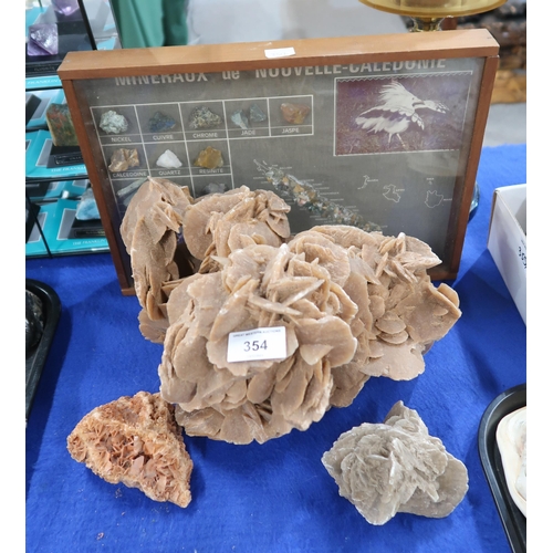 354 - A large Desert Rose selenite gypsum mineral cluster, two others smaller and a framed example of rock... 