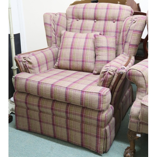 113 - A lot comprising a pair of 20th century wingback armchairs with plaid upholstery on ball and claw su... 