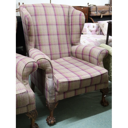 113 - A lot comprising a pair of 20th century wingback armchairs with plaid upholstery on ball and claw su... 